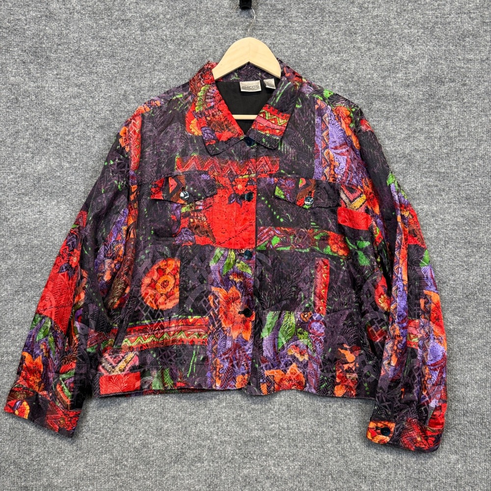 Vtg Chico's Size 3 US XL Shaket Blazer Jacket Black Linen Silk Abstract Topper